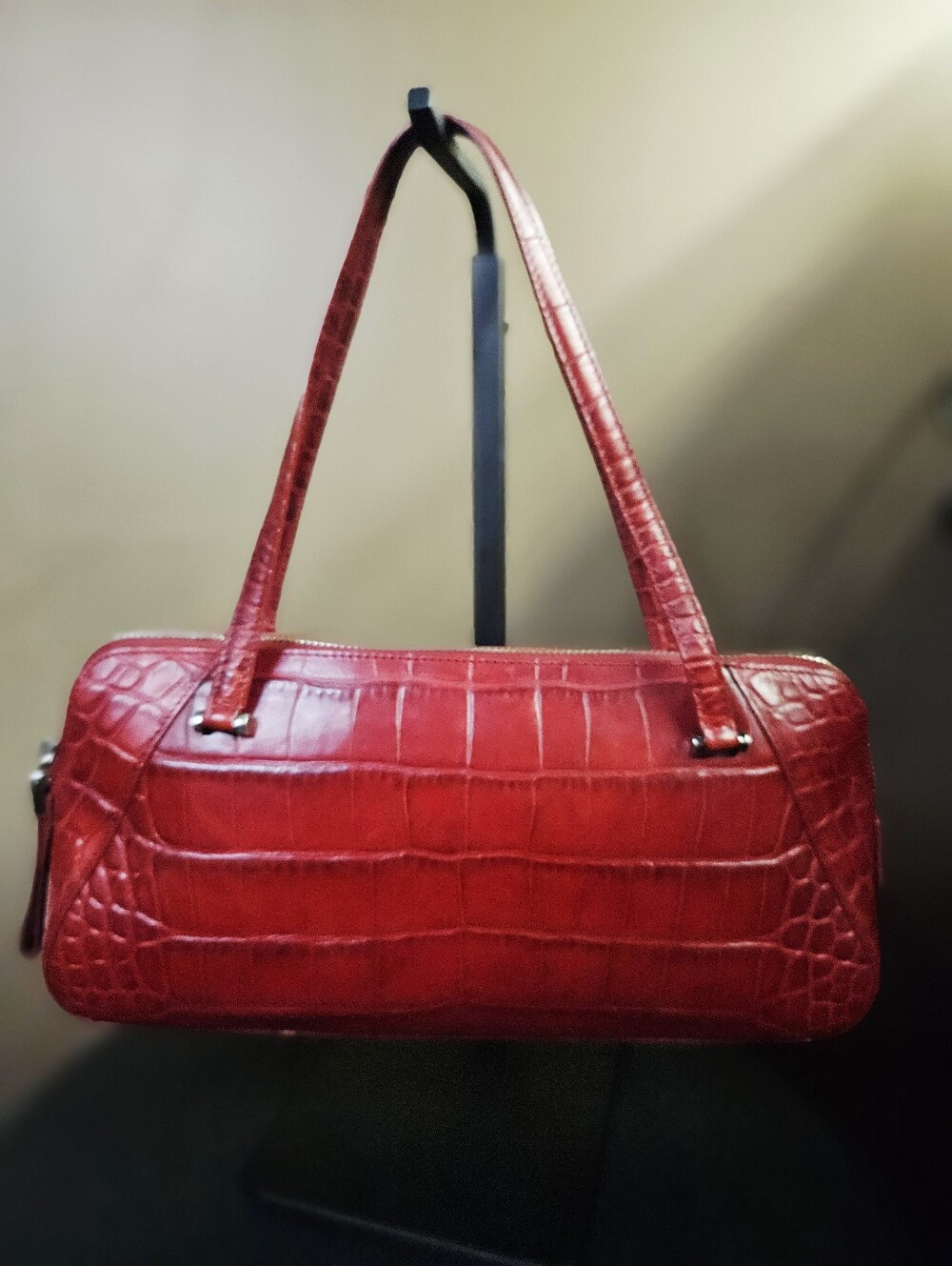 Vintage Monsac Croc-Embossed Italian Leather Baguette Handbag- Cherry Red - Picture 2 of 12
